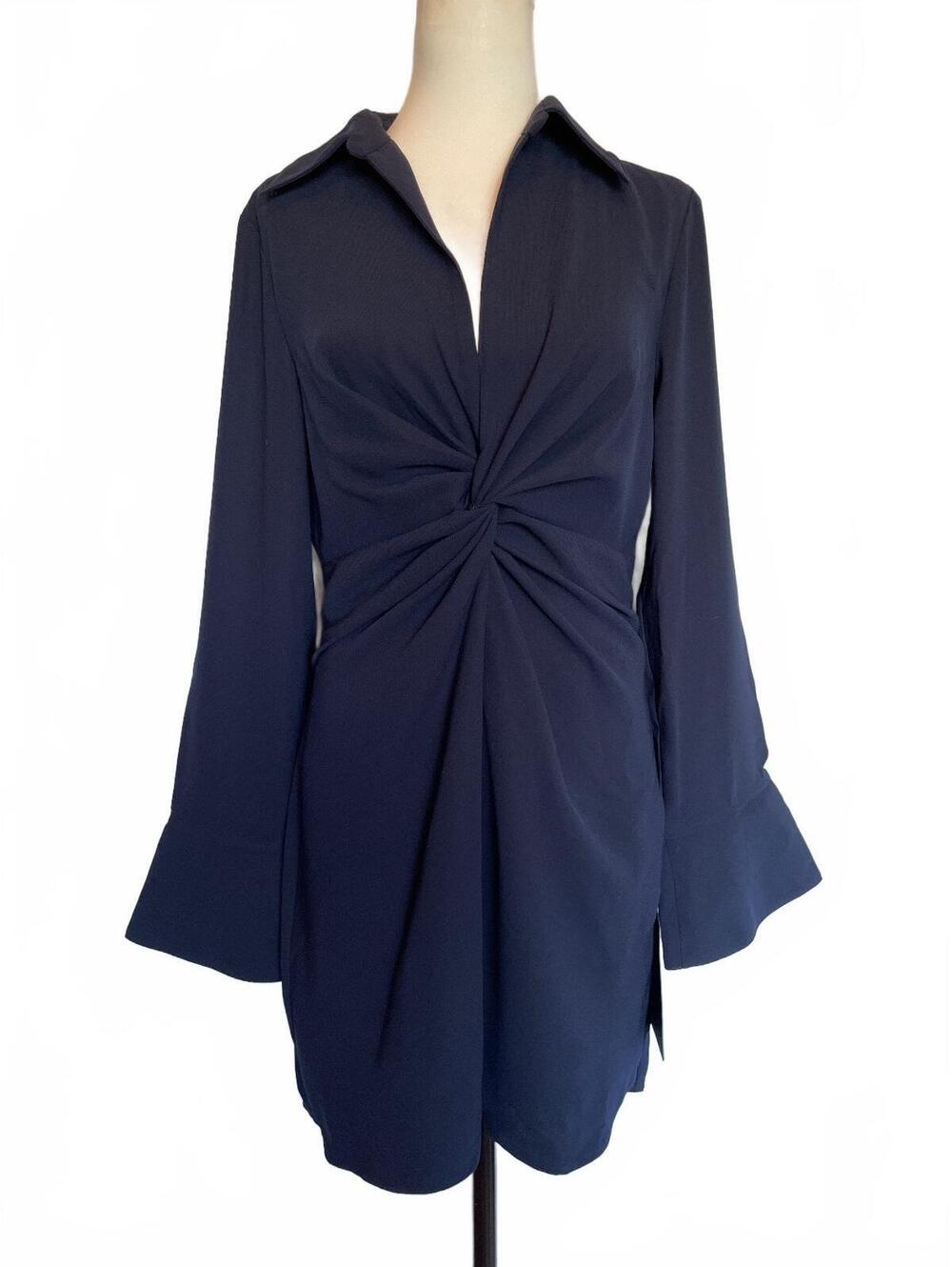 Lulus Navy Twist Front Mini Dress L Bell Sleeve Plunge 70s Retro Glam NWT Mod
